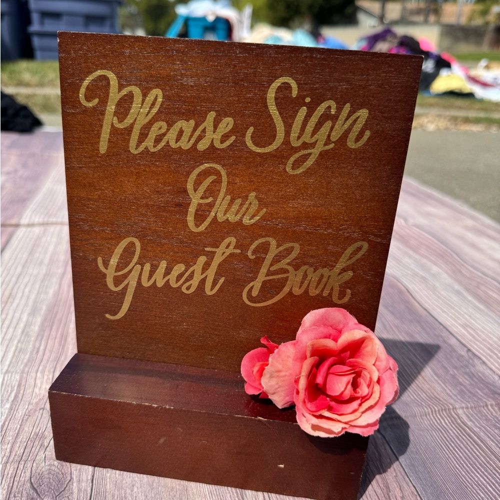 Wooden Guest Book Sign with Pink Flower Hold Writing